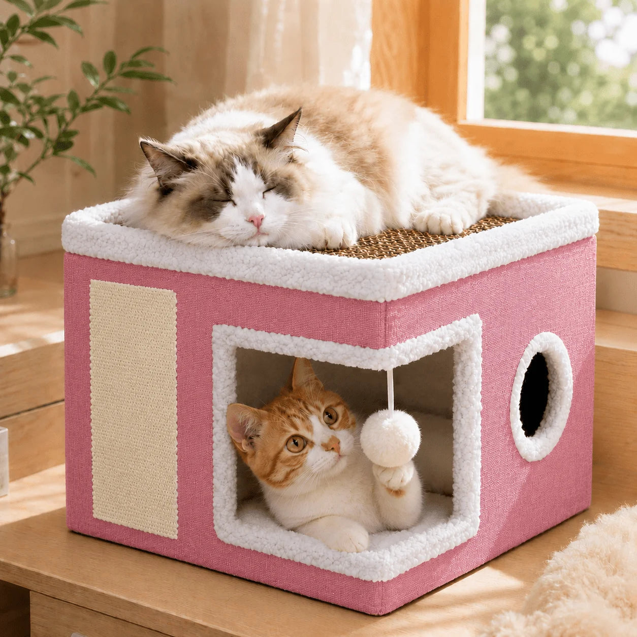 Cat Bed, Cat House for Indoor Cats with 2 Cushion, Large Cat Cave with Scratch Pad and Fluffy Ball Hanging, Pink