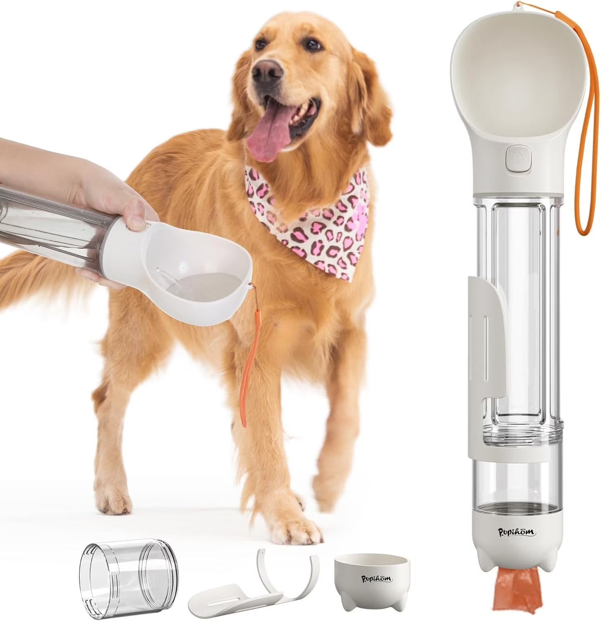 17Oz 3 in 1 Portable Dog Water Bottle, Outdoor Dog Water Dispenser with Poop Bag, Pet Travel Water Bottle Dispenser with Drinking Feeder and Food Container for Dogs Walk Travel, Length 15.55"