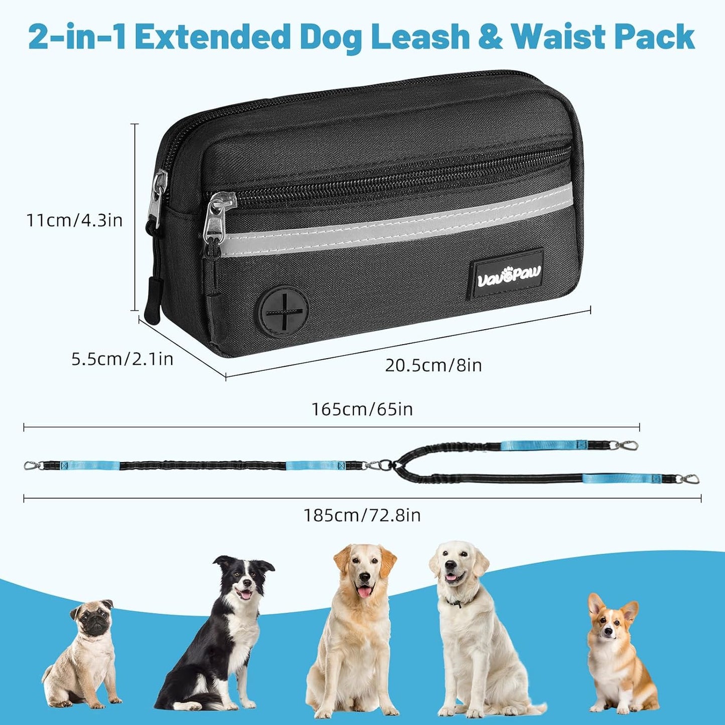 Hands Free Dog Leash for 2 Dogs with Pouch, Dog Walking, 25-120 Lbs