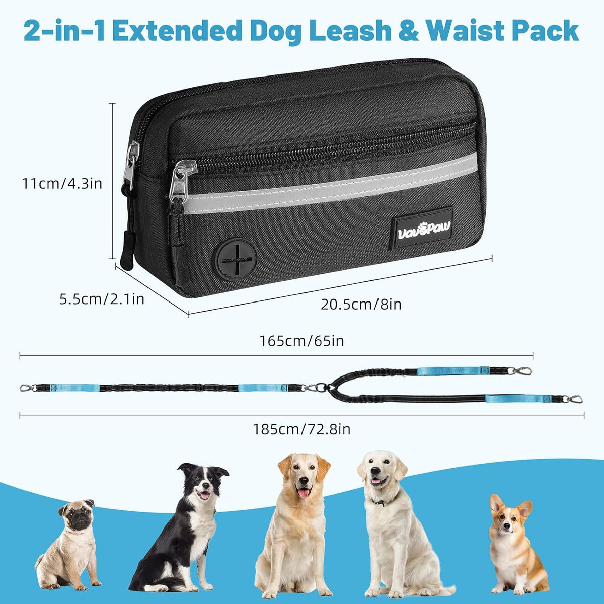 Hands Free Dog Leash for 2 Dogs with Pouch, Dog Walking, 25-120 Lbs