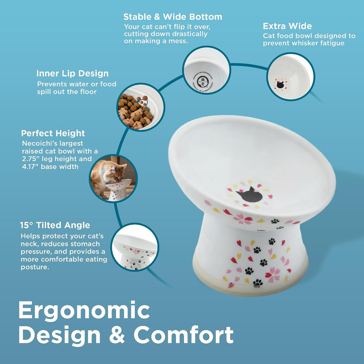 Necoichi Ceramic Raised Cat Food Bowl, 15° Tilted (Sakura, Regular Tilted)