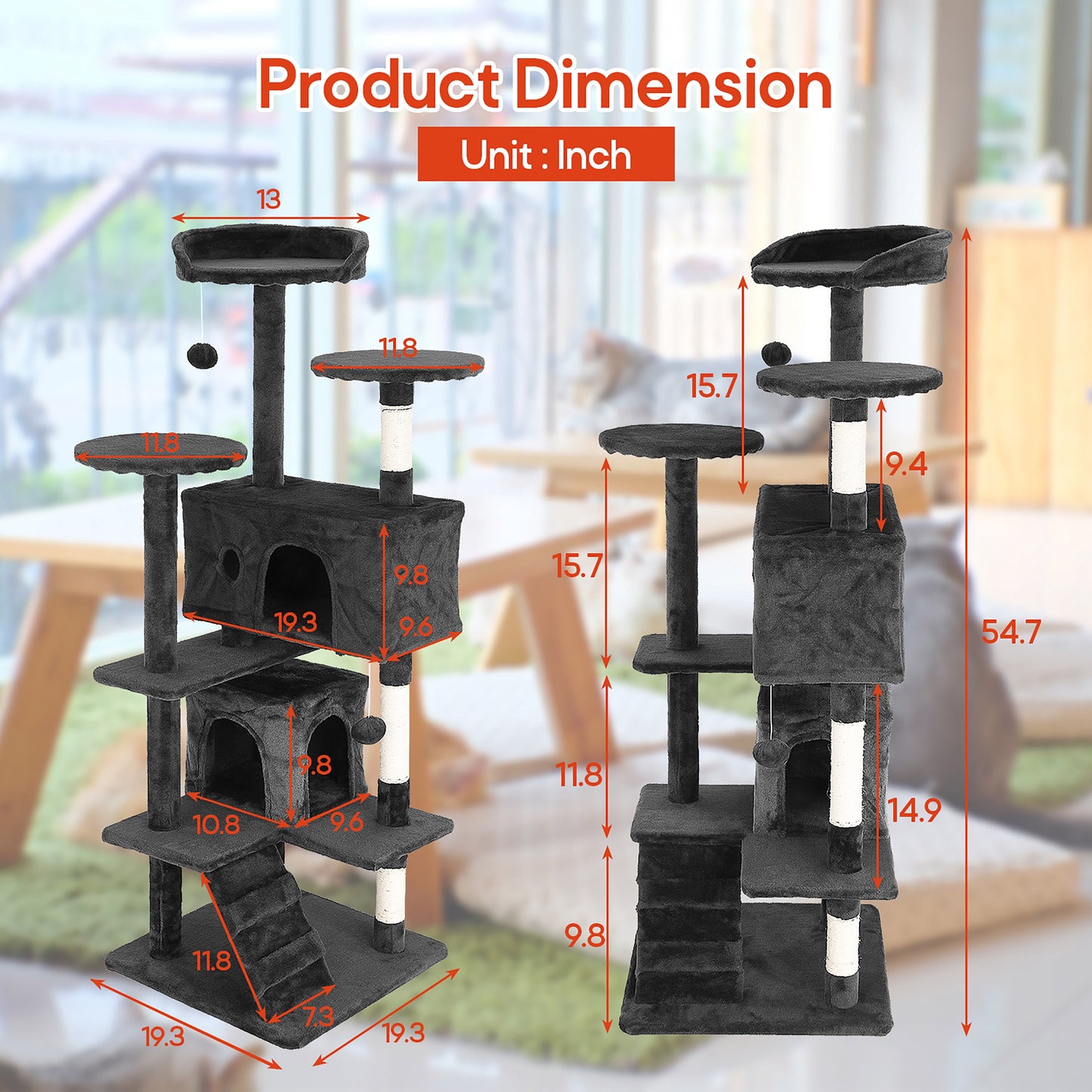 Tabby Indoor Upholstered Faux-Fur Wood Dark Gray Cat Condo Tree Tower for Pet Room