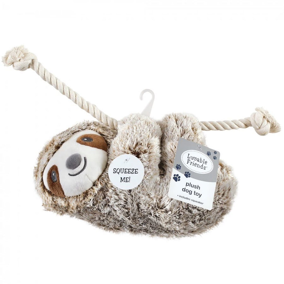 Pet Squeaky Plush Dog Toy with Rope, Sloth, One Size