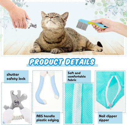8 Pcs Cat Muzzle Set with Adjustable Cat Bathing Bag, Breathable Muzzle Pet for Shower Grooming Brush Tick Remover Tool Nail Clipper Nail File for Dog, Bunny Cleaning Trimming(L Size,Blue)