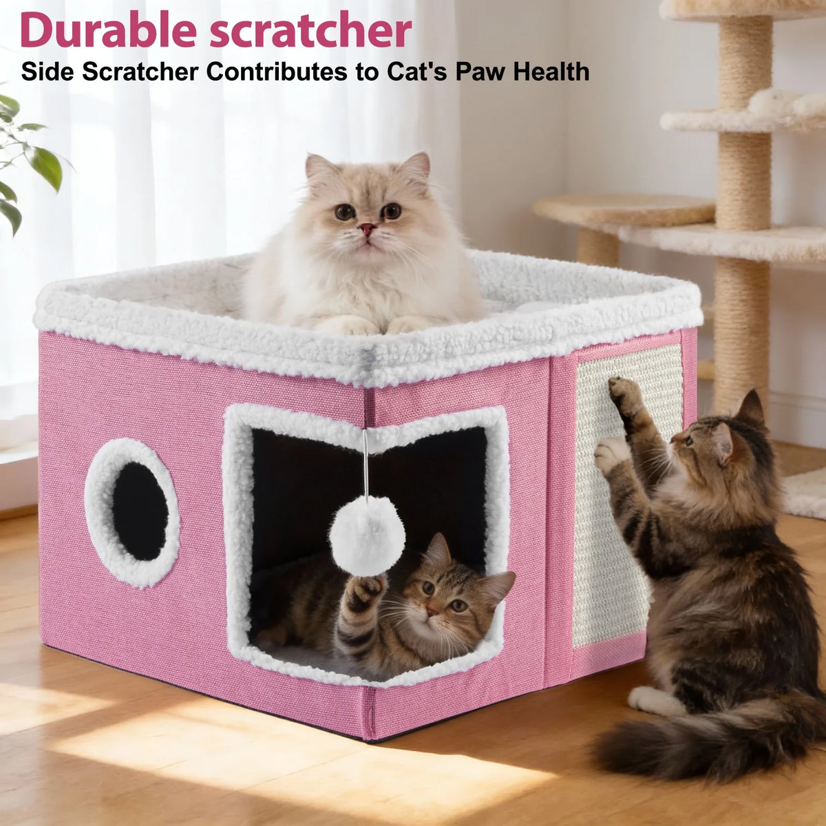 Cat Bed,  Cat House for Indoor Cats with 2 Cushion, Large Cat Cave with Scratch Pad and Fluffy Ball Hanging, Pink