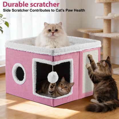 Cat Bed,  Cat House for Indoor Cats with 2 Cushion, Large Cat Cave with Scratch Pad and Fluffy Ball Hanging, Pink