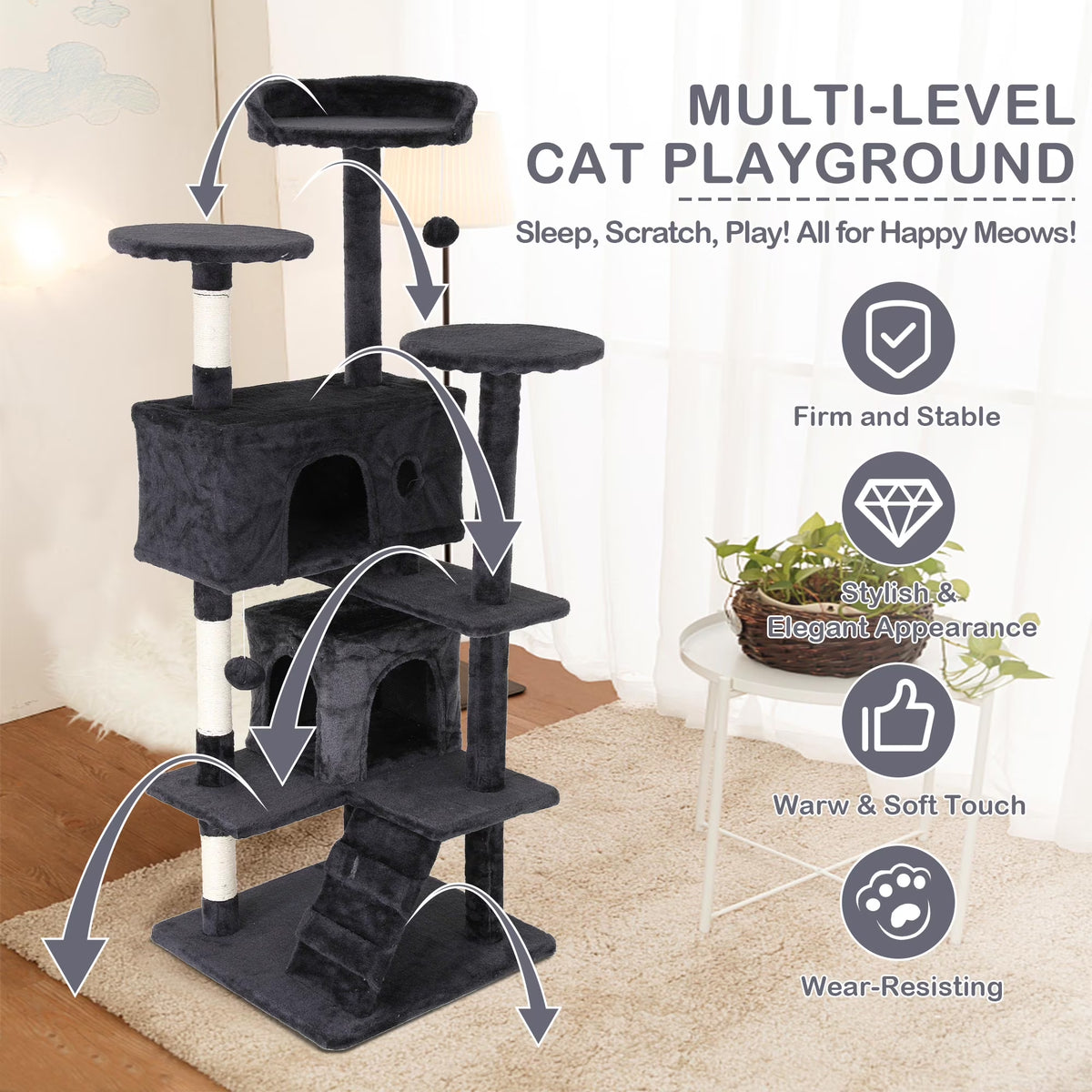 54In Cat Tree Tower, Multi-Level Cat Tower Furniture Activity Center with Platform Scratching Posts Stand House Condo and Toy, Cat Condos for Indoor Cats Kitten Activity Relaxing, Dark Gray