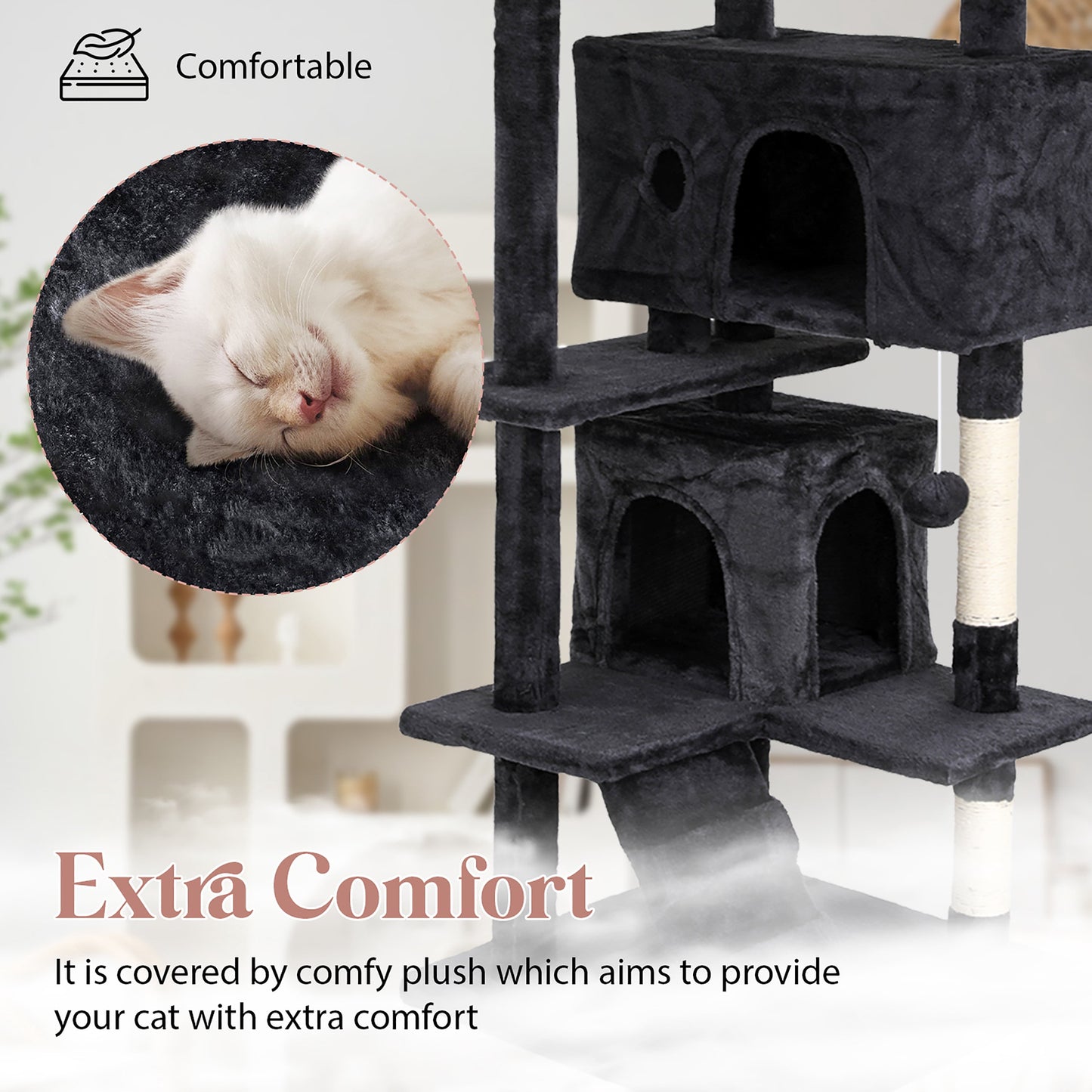 Tabby Indoor Upholstered Faux-Fur Wood Dark Gray Cat Condo Tree Tower for Pet Room