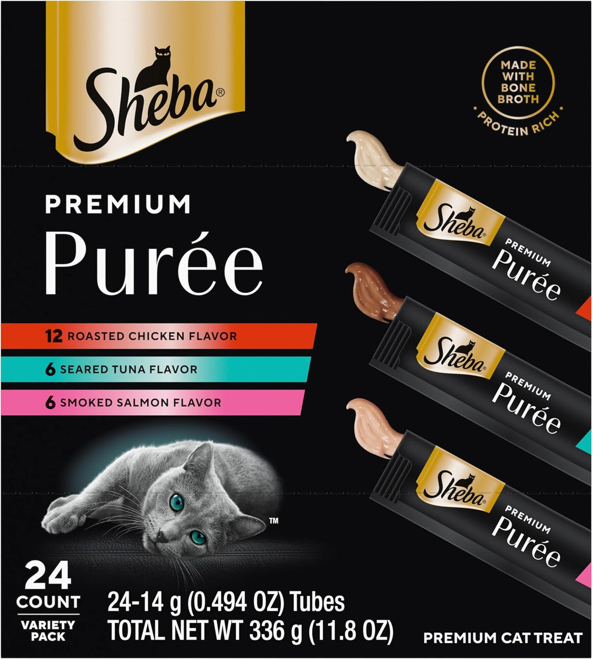 Premium Puree Lickable Cat Treats, Chicken, Salmon & Tuna, 24 Count
