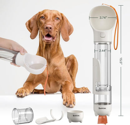 17Oz 3 in 1 Portable Dog Water Bottle, Outdoor Dog Water Dispenser with Poop Bag, Pet Travel Water Bottle Dispenser with Drinking Feeder and Food Container for Dogs Walk Travel, Length 15.55"