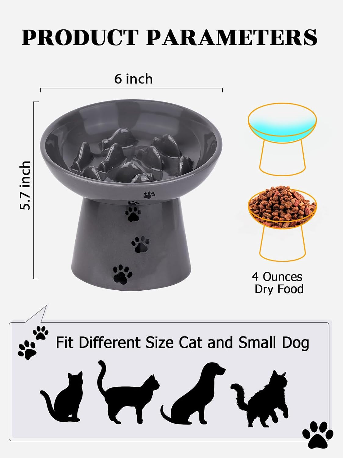 Slow Feeder Cat Bowl, Ceramic Cat Slow Feeder Bowl, 6 Inches, Elevated, anti Vomiting for Dry and Wet Food, Gray