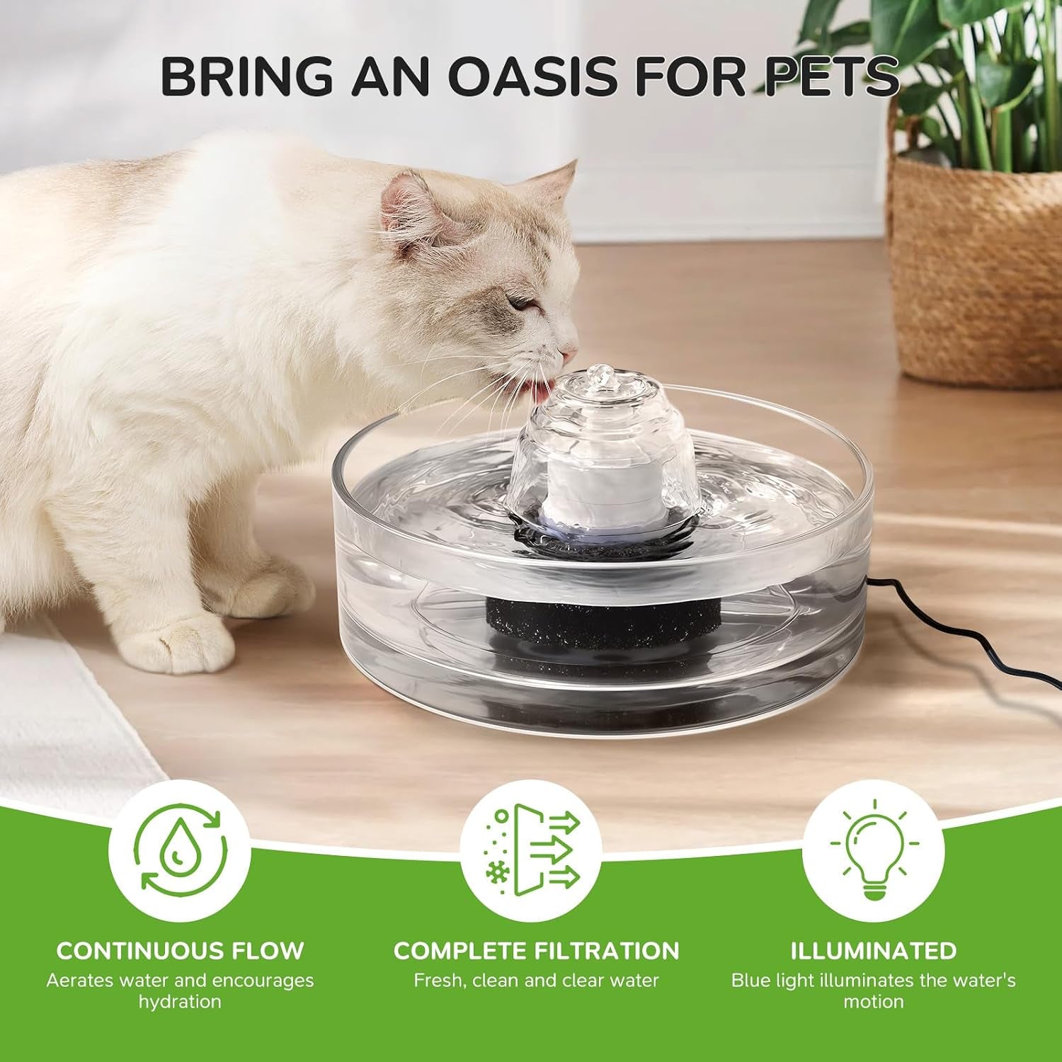 2.7L Glass Pet Fountain –Transparent Glass Cat Water Fountain & Little Dog Drinking Bowl– Automatic Cat Water Dispenser