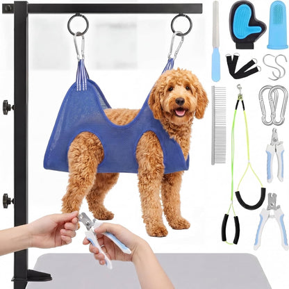 13 Pcs Adjustable Dog Grooming Arm with Clamps, Adjustable Height 27"-37", Pet Grooming Stand with Hammock and No-Sit Haunch Holders, Ideal Set for Small & Medium Dogs at Home or Salons