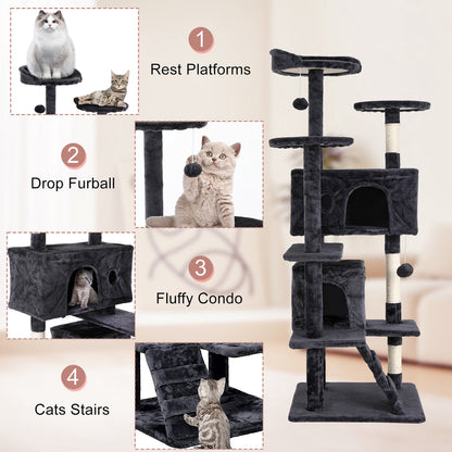 Tabby Indoor Upholstered Faux-Fur Wood Dark Gray Cat Condo Tree Tower for Pet Room
