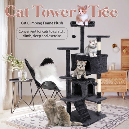 Tabby Indoor Upholstered Faux-Fur Wood Dark Gray Cat Condo Tree Tower for Pet Room