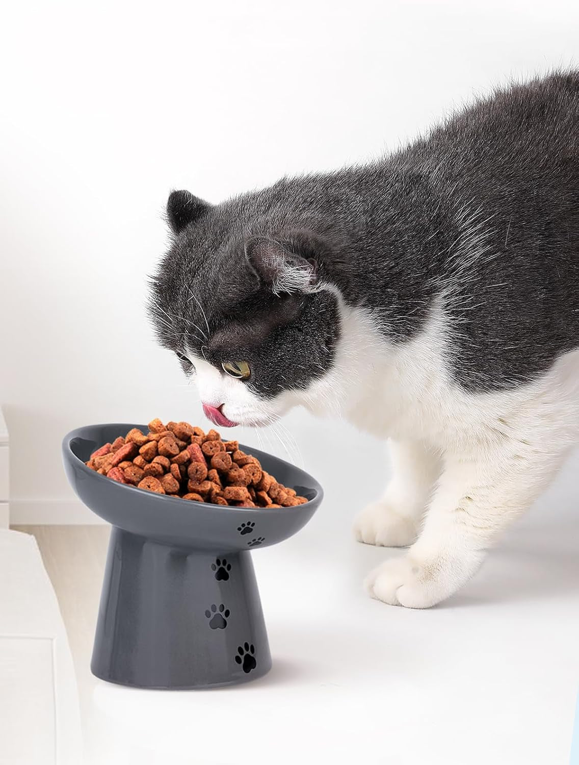 Slow Feeder Cat Bowl, Ceramic Cat Slow Feeder Bowl, 6 Inches, Elevated, anti Vomiting for Dry and Wet Food, Gray