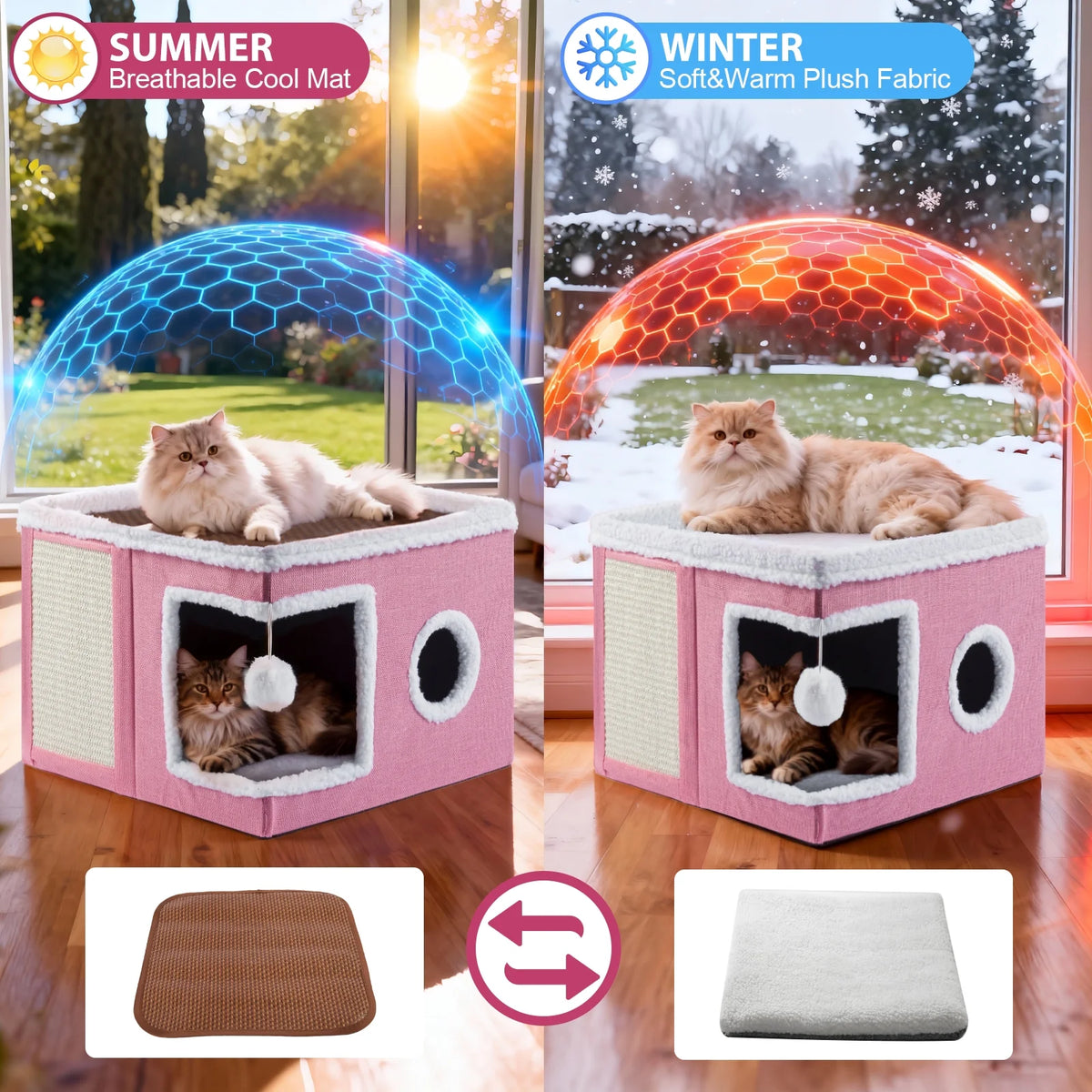 Cat Bed,  Cat House for Indoor Cats with 2 Cushion, Large Cat Cave with Scratch Pad and Fluffy Ball Hanging, Pink