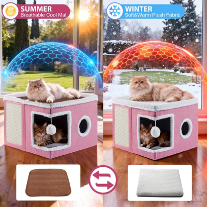 Cat Bed,  Cat House for Indoor Cats with 2 Cushion, Large Cat Cave with Scratch Pad and Fluffy Ball Hanging, Pink