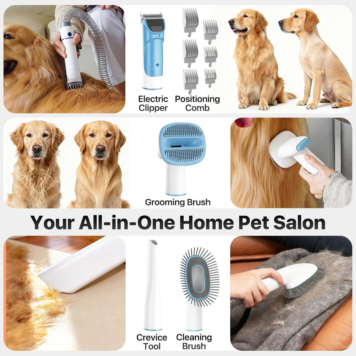 Dog Grooming Vacuum Kit, 15000Pa Clipper, Shedding Brush, 2L, Blue