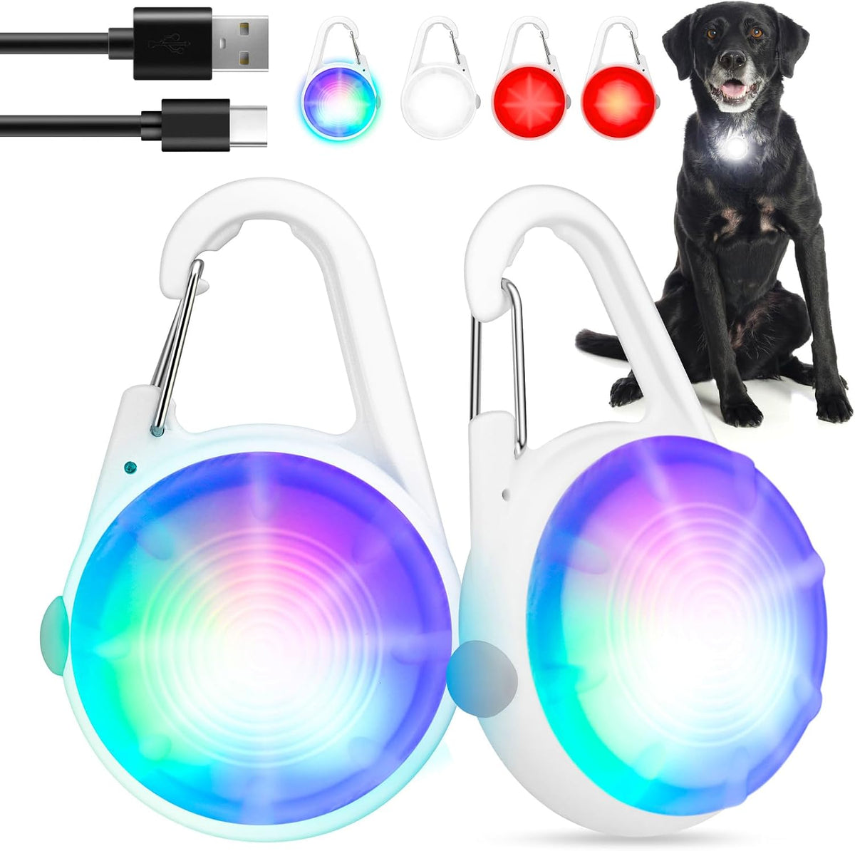 2Pack Dog Lights for Night Walking Dog Collar Light Clip on Glow in the Dark with 4Modes & RGB Color for Camping