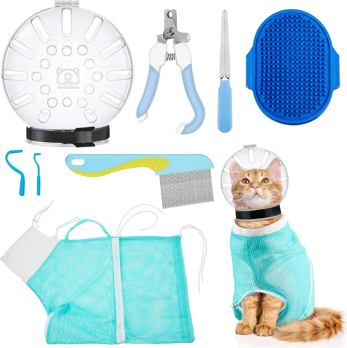 8 Pcs Cat Muzzle Set with Adjustable Cat Bathing Bag, Breathable Muzzle Pet for Shower Grooming Brush Tick Remover Tool Nail Clipper Nail File for Dog, Bunny Cleaning Trimming(L Size,Blue)