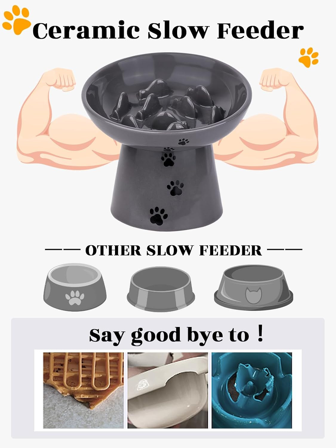 Slow Feeder Cat Bowl, Ceramic Cat Slow Feeder Bowl, 6 Inches, Elevated, anti Vomiting for Dry and Wet Food, Gray