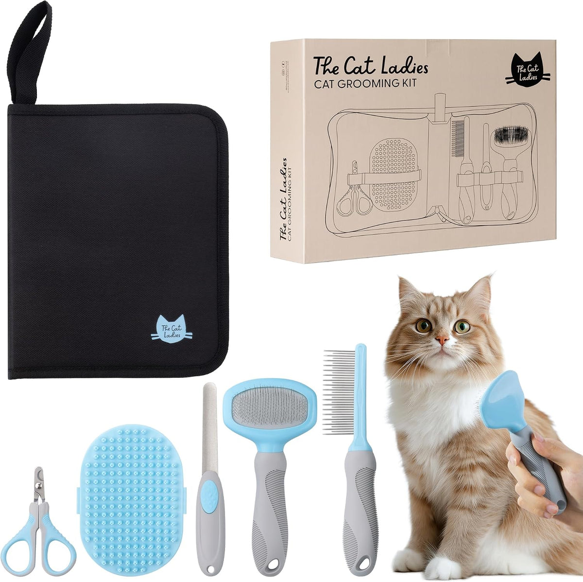 Cat Grooming Kit - 5 Piece Brushes Kit - with Comb and Matted Fur Undercoat Deshedding Cat Hair Brush for Long Haired Cats or Short Haired Kittens or Bunny Rabbits