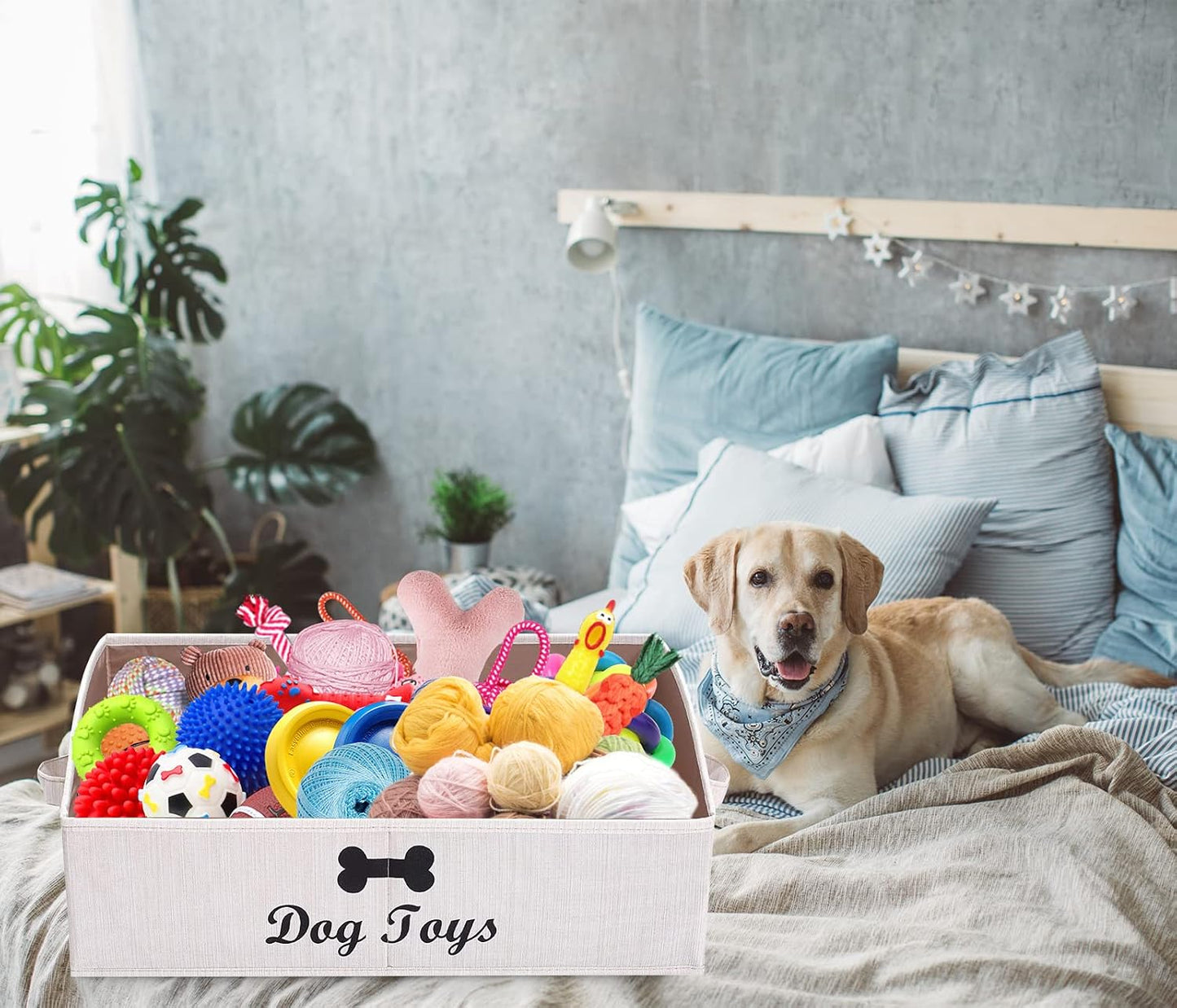 Linen-Cotton Blend Dog Toy Basket,Collapsible Dog Toy Box,Dog Toy Bin Storage-Perfect for Organizing Pet Toys,Blankets,Leashes,Rope Toys,Clothing - Beige