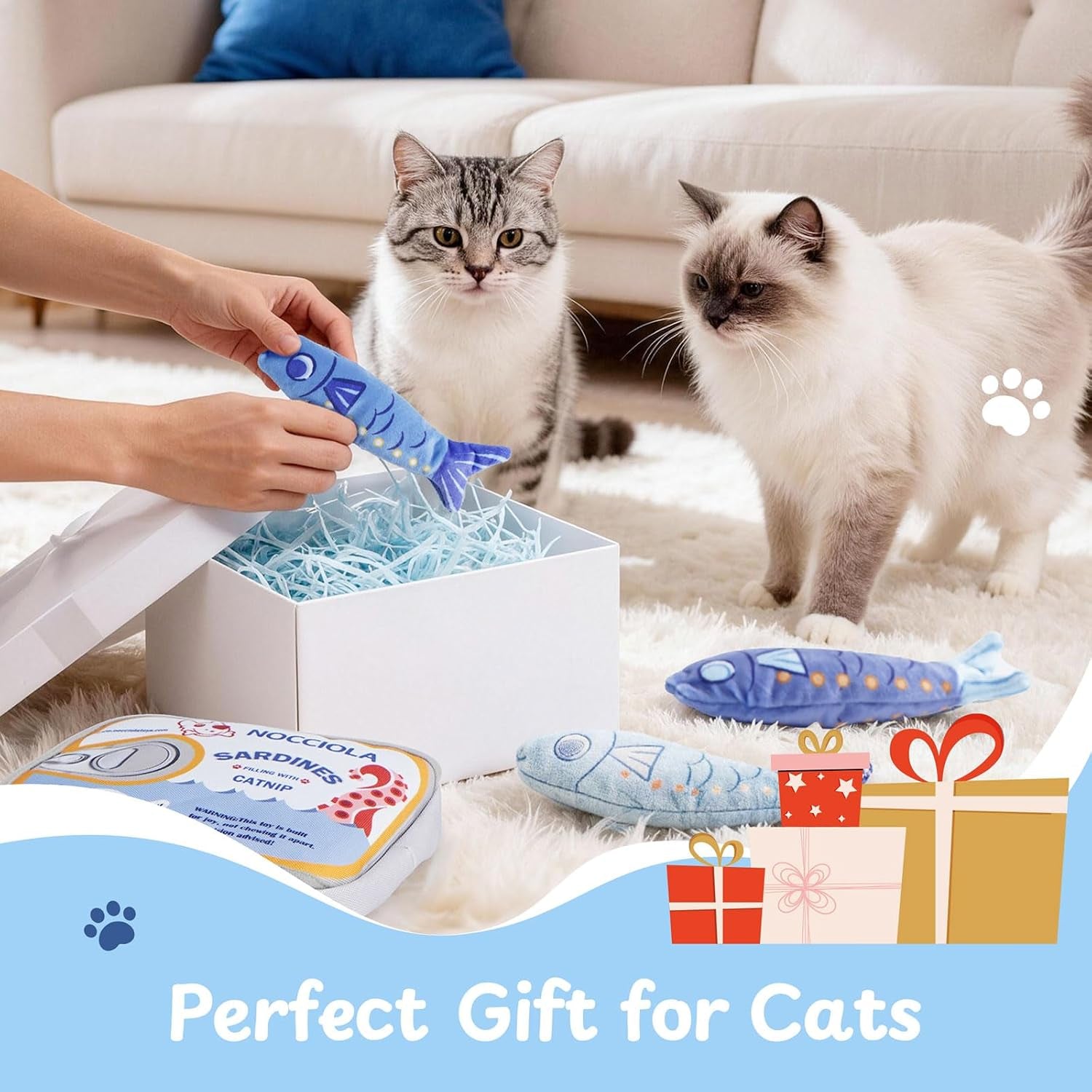 Sardines Catnip Toys for Indoor Cats - 3 Pack Cat Toys Fish with Pouch, Cat Nip Toys Cat Kicker Toy with Crinkle Paper, Interactive Cat Toy for Kitten Enrichment, Cat Gifts