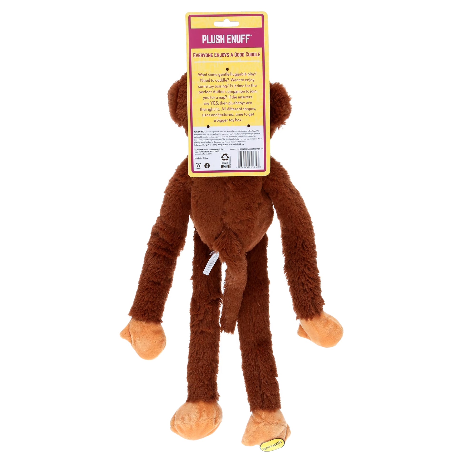 Swingin' Safari Plush Monkey Dog Toy with Squeakers, 19 Inches