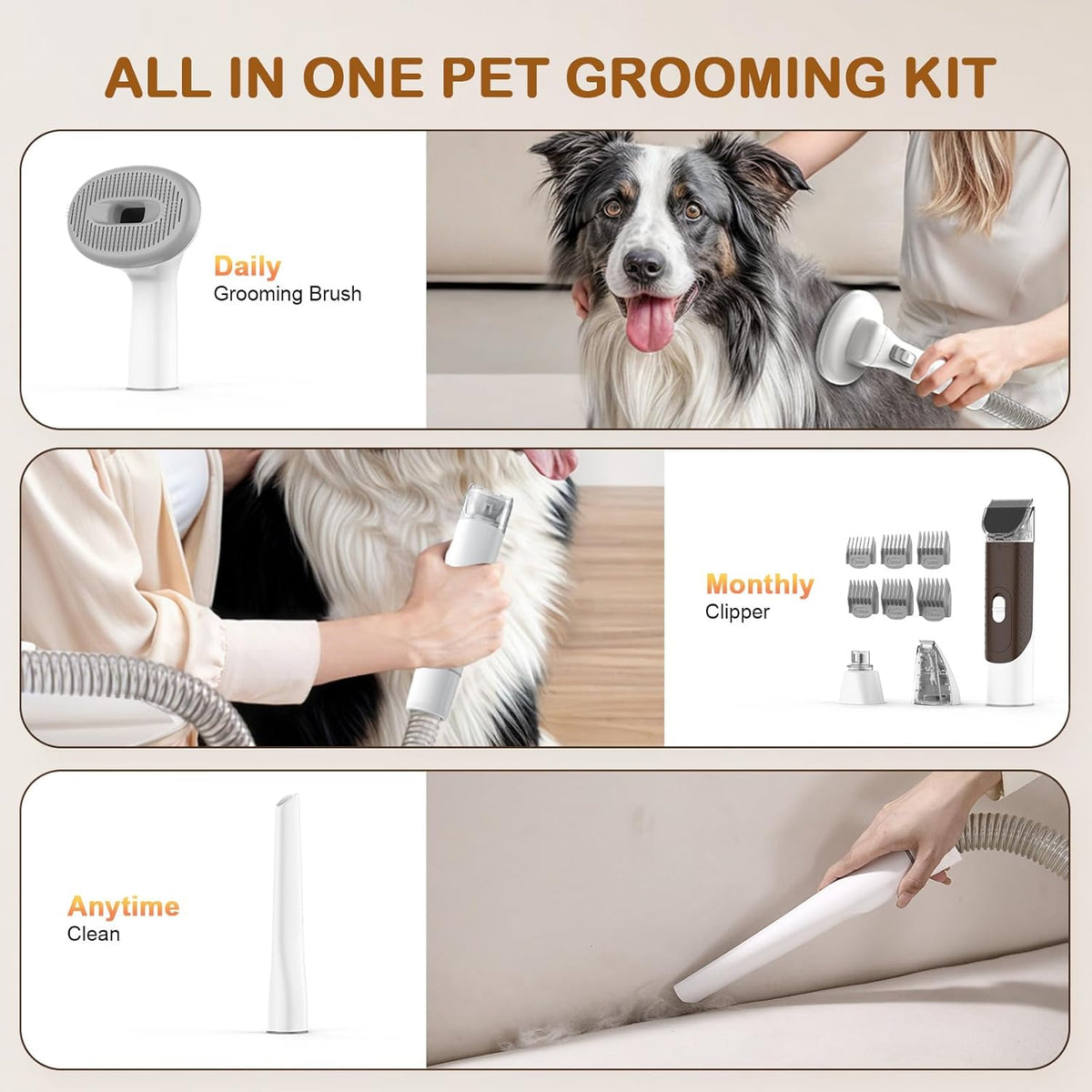 Dog Grooming Vacuum, Dog Grooming Kit with Pet Clipper Nail Grinder, 6 Pet Grooming Tools（Mahogany）