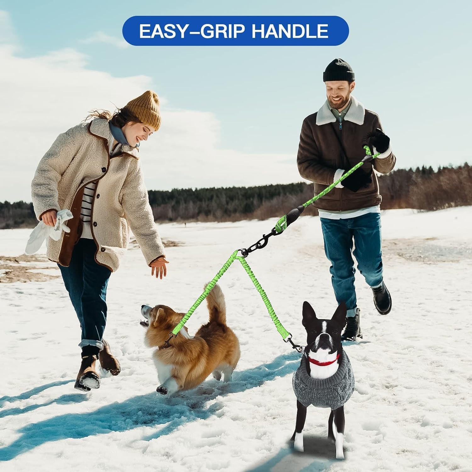 Double Dog Leash - 360 Swivel, Tangle-Free Bungee Walking & Training Leash for Large & Medium Dogs, Shock Absorbing, Reflective, 18-120 Lbs, Green