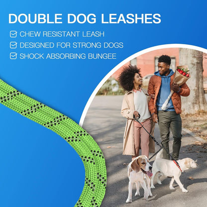 Double Dog Leash - 360 Swivel, Tangle-Free Bungee Walking & Training Leash for Large & Medium Dogs, Shock Absorbing, Reflective, 18-120 Lbs, Green