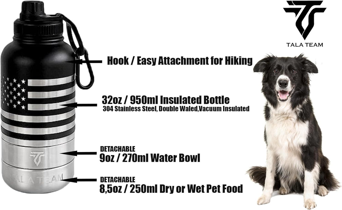 Insulated Dog Water Bottle Portable (32Oz) - Dog Travel Water Bottle with a Hook for Hiking & 2 Bowls Attached. Pet Travel Accessories, Puppy Essentials, Portable Pet Dispenser.