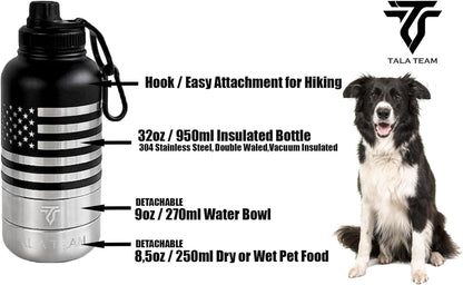Insulated Dog Water Bottle Portable (32Oz) - Dog Travel Water Bottle with a Hook for Hiking & 2 Bowls Attached. Pet Travel Accessories, Puppy Essentials, Portable Pet Dispenser.