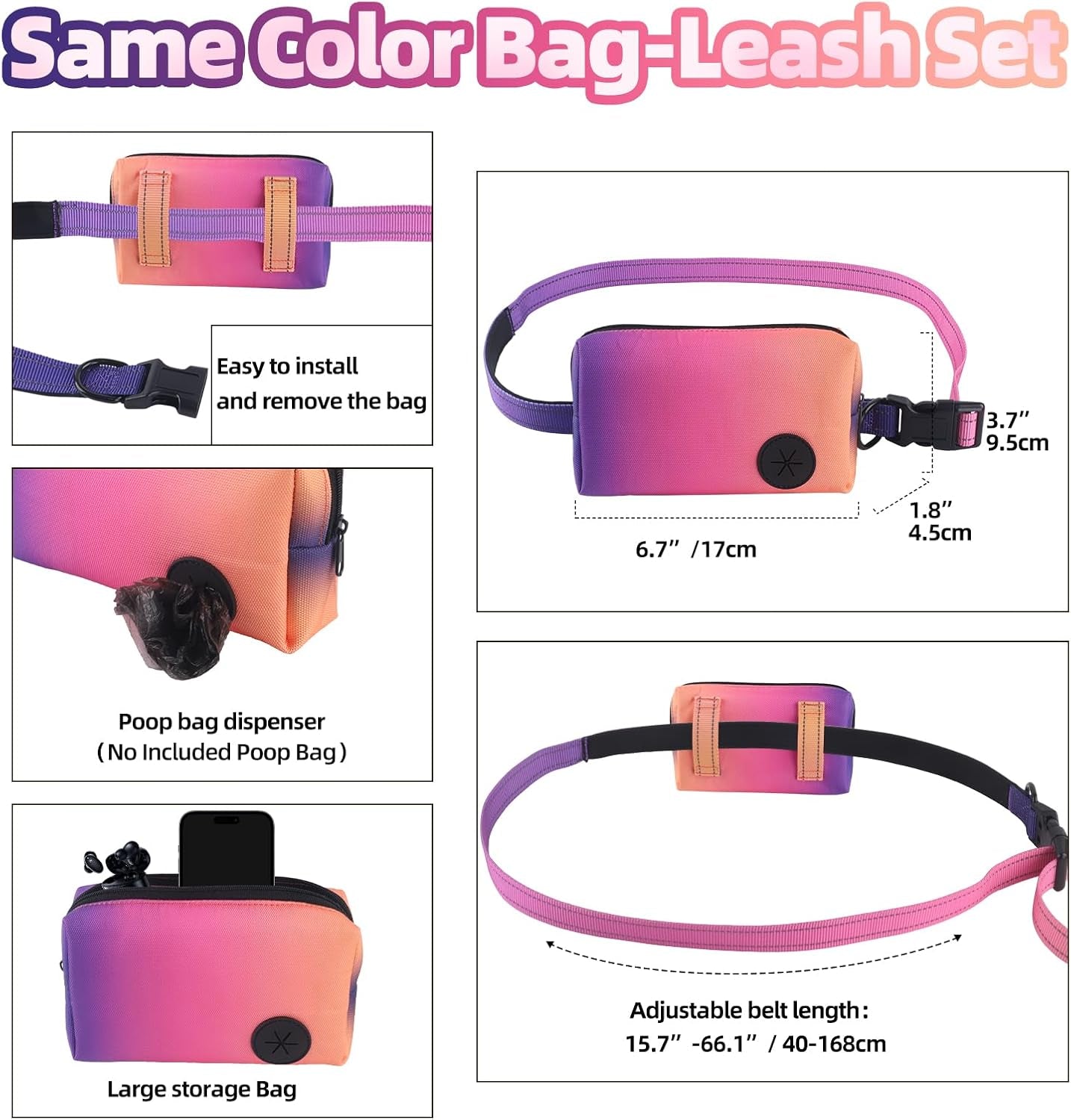 Hands Free Dog Leash with Zipper Pouch, 6-9Ft Bungee Waist Leash for Medium Large Dogs Walking, Running Lead with Dual Padded Handles Car Safety Buckle for Training Jogging