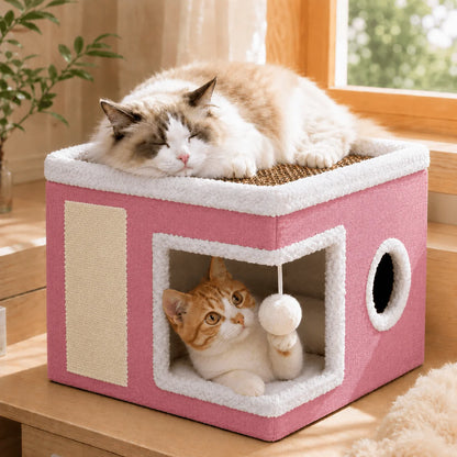 Cat Bed,  Cat House for Indoor Cats with 2 Cushion, Large Cat Cave with Scratch Pad and Fluffy Ball Hanging, Pink