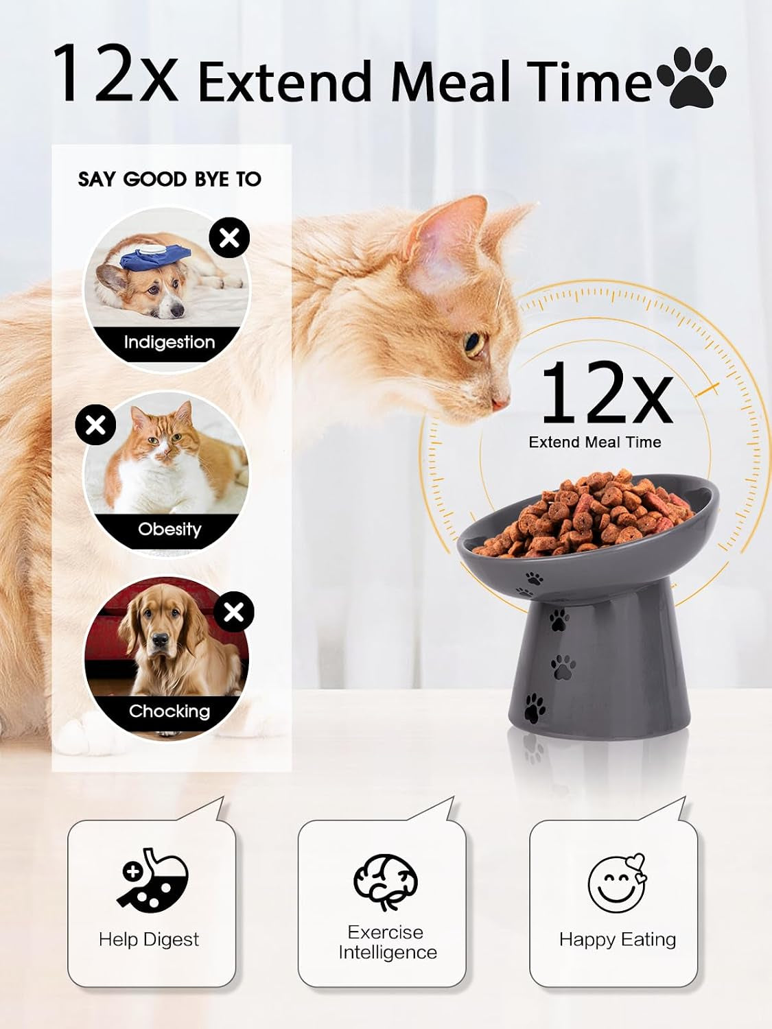 Slow Feeder Cat Bowl, Ceramic Cat Slow Feeder Bowl, 6 Inches, Elevated, anti Vomiting for Dry and Wet Food, Gray
