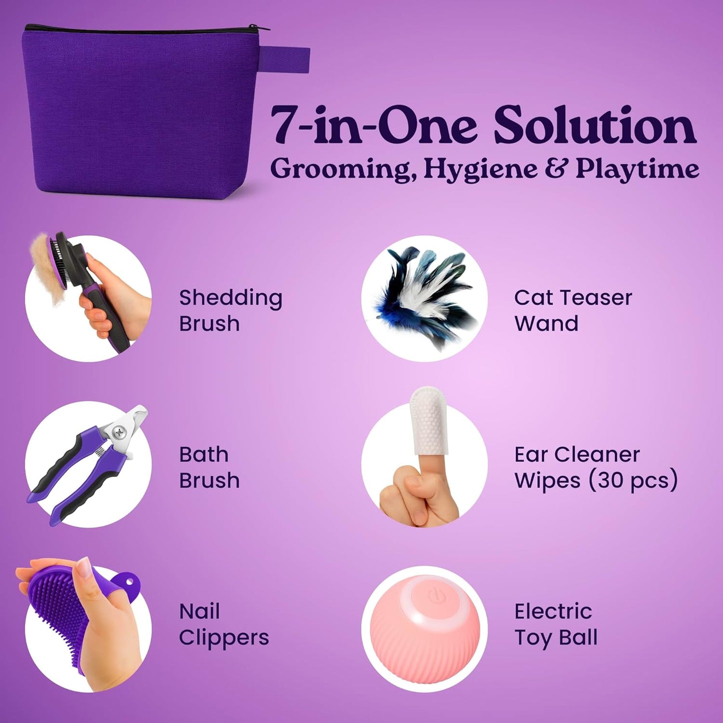 Cat Grooming Kit 6 in 1, Include: Nail Clipper, Brush for Shedding, Wand Toy, Interactive Ball Toy, Bath Brush, Ear Cleaner Finger Wipes (30Ct.), Cat Grooming Supplies, Kitten Supplies