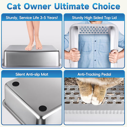 2 Pack Stainless Steel Cat Litter Box with Lid, XL Extra Large Metal Box for Big Cats, 24" L X 16" W X 12" H, Enclosed Litter Box High Sided, Non-Sticky, Include Litter Scoop