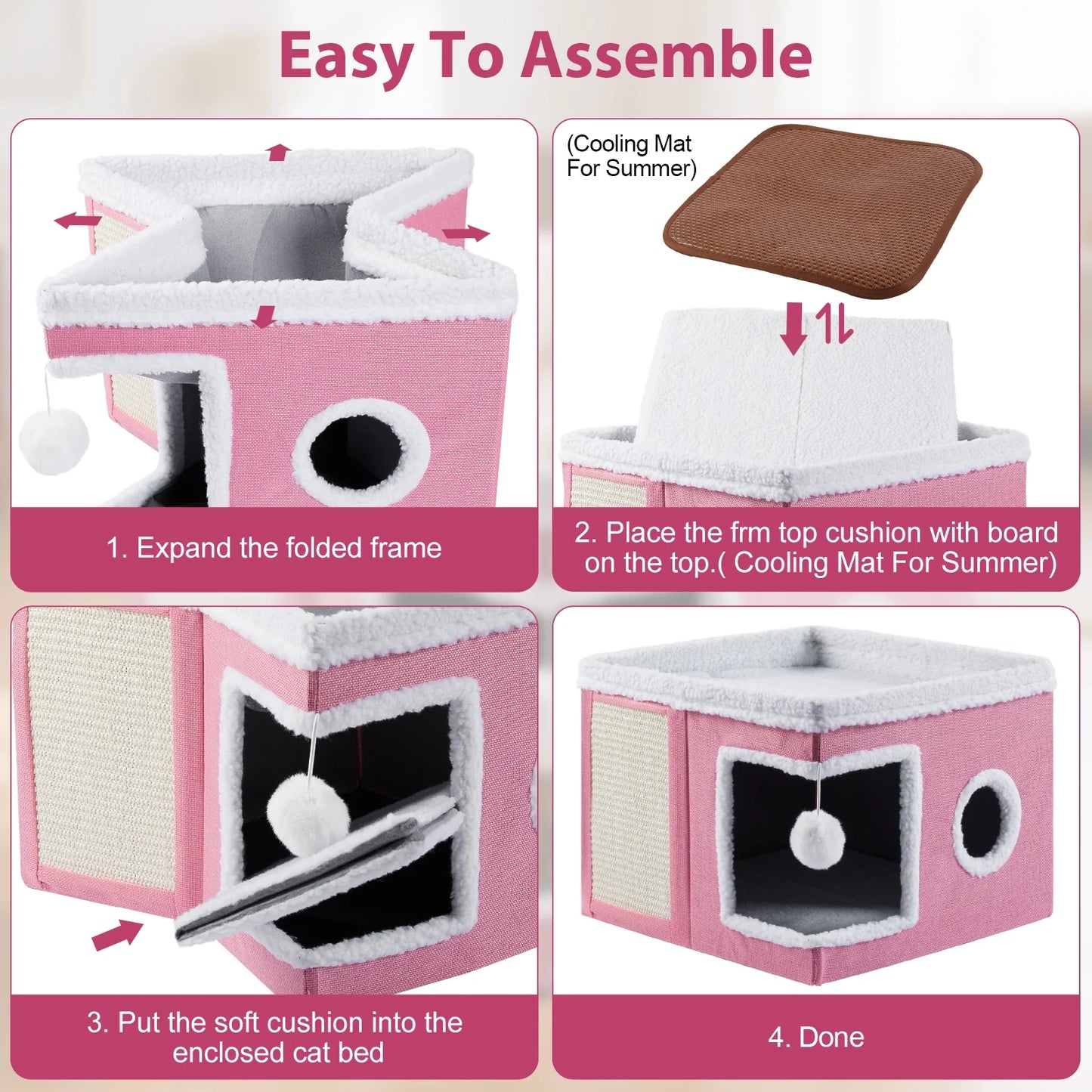 Cat Bed,  Cat House for Indoor Cats with 2 Cushion, Large Cat Cave with Scratch Pad and Fluffy Ball Hanging, Pink