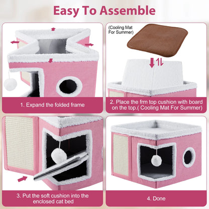 Cat Bed,  Cat House for Indoor Cats with 2 Cushion, Large Cat Cave with Scratch Pad and Fluffy Ball Hanging, Pink