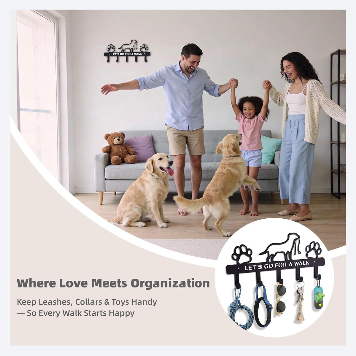 Dog Leash Holder for Wall – Dog Leash Hooks, Leash Holder, Dog Hooks, Decorative Dog Leash Organizer​ W/ 5 Hooks, Hooks for Hanging Dog Leashes, Dog Leash Hanger Organizer, Wall Mount Dog Leash Rack