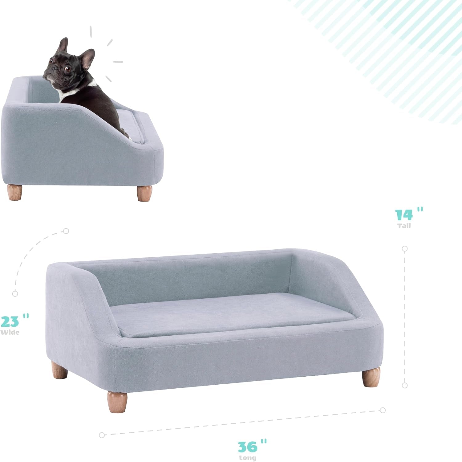 36-In. Microfiber Gray Rectangular Dog Sofa for Medium-Sized Dogs, Stylish and Modern Elevated Dog Bed, Durable and Easy to Clean Dog Sofa Bed, Cushioned Dog Sofas & Chairs