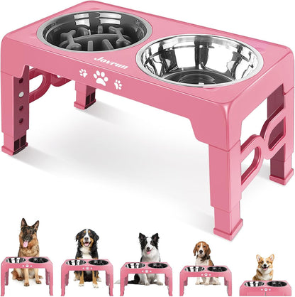 Elevated Dog Bowls for Medium Large Size Dogs, Non-Slip Dog Feeder with 1*Stainless Steel Dishes & 1*Slow Feeder Bowl, 5 Heights Adjustable Raised Bowls to 3.15″-8.66″-9.84″-11.02″-12.2″