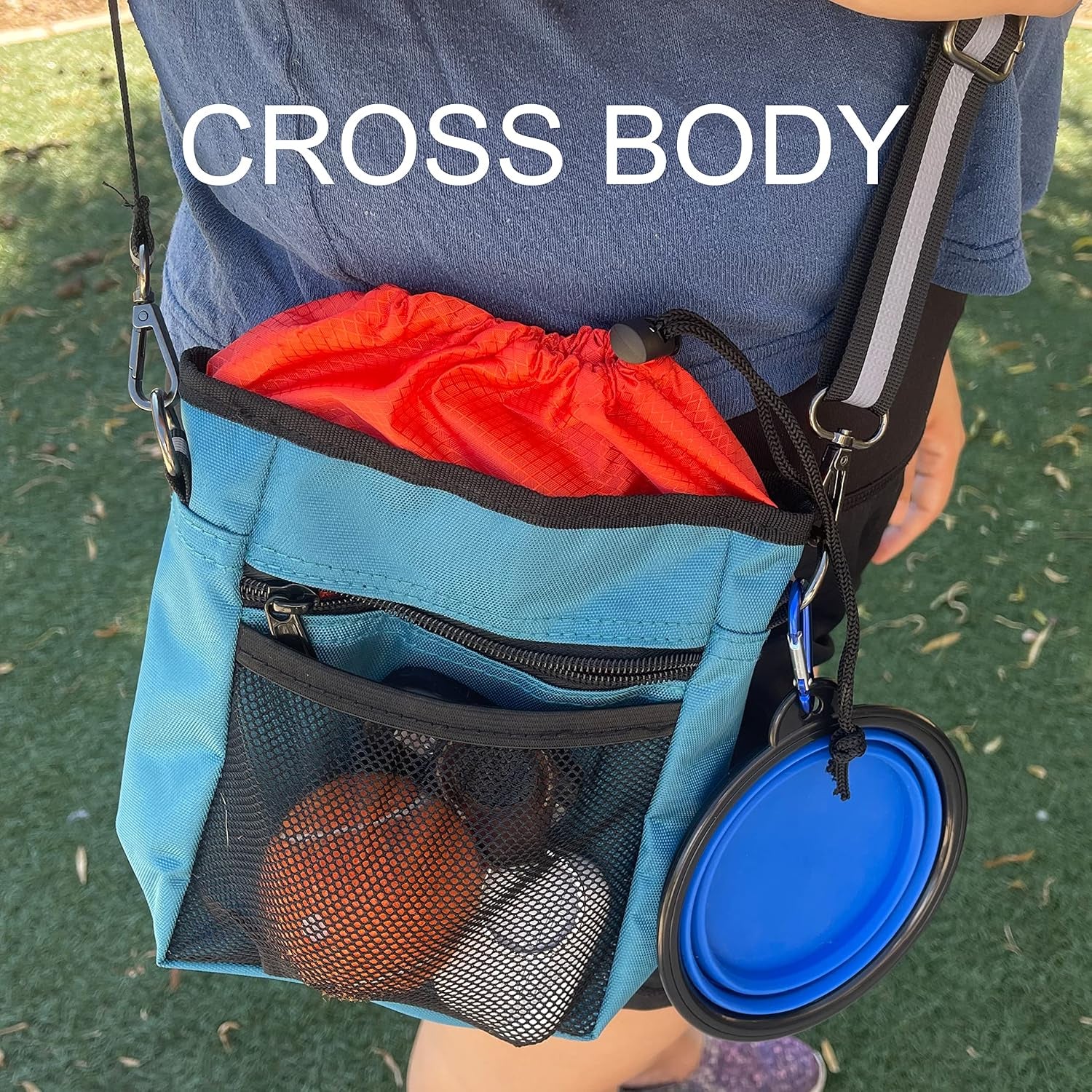 Dog Training Pouch with Training Clicker and Water Bowl - 5 Ways to Wear - Carry Toys, Treats for Positive Reinforcement - Built-In Poop Bag Dispenser (Teal)
