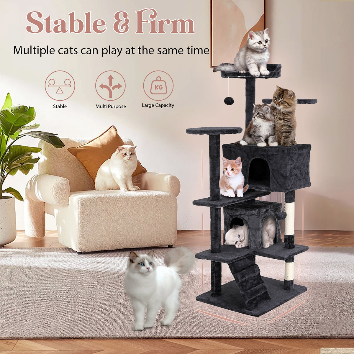 Tabby Indoor Upholstered Faux-Fur Wood Dark Gray Cat Condo Tree Tower for Pet Room