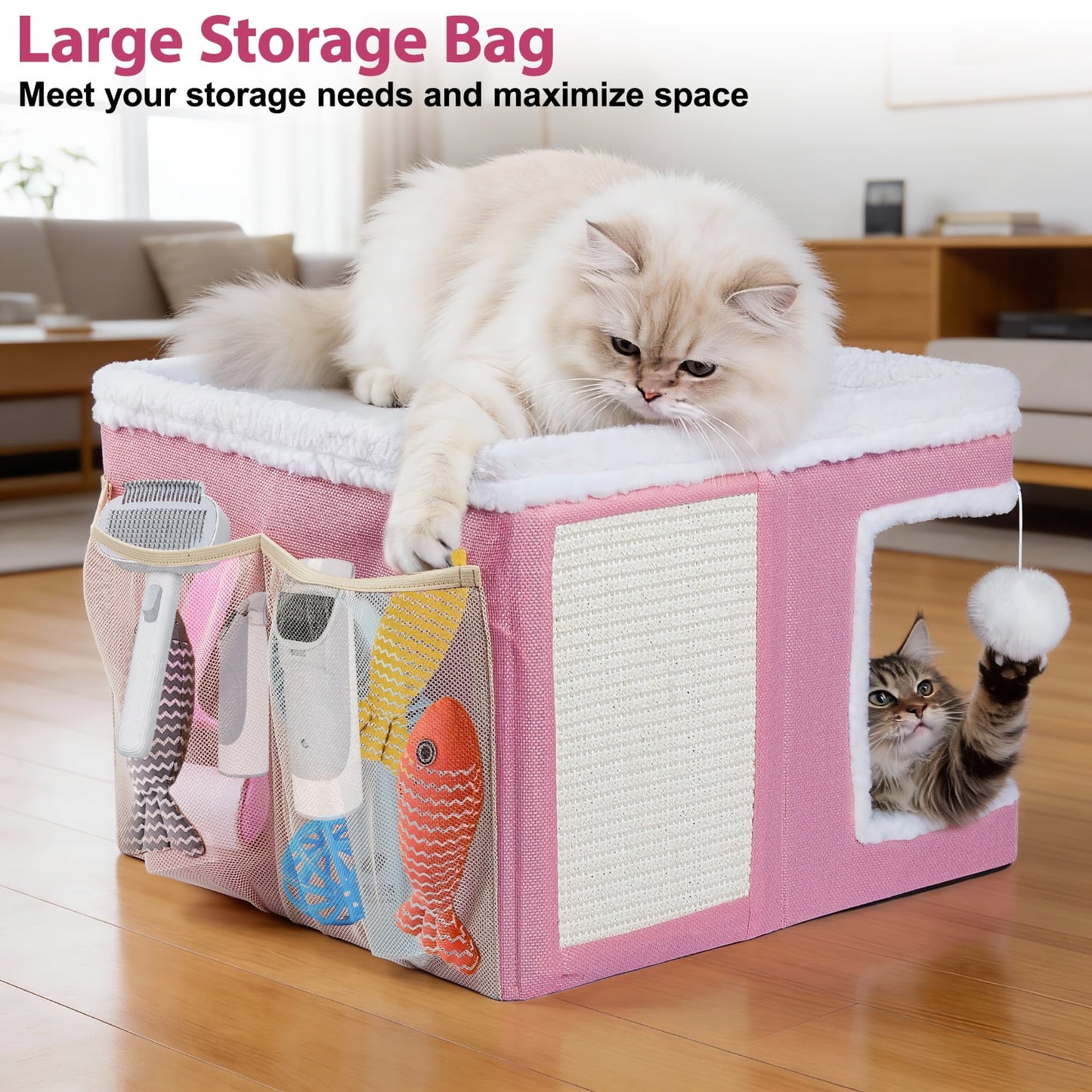 Cat Bed,  Cat House for Indoor Cats with 2 Cushion, Large Cat Cave with Scratch Pad and Fluffy Ball Hanging, Pink