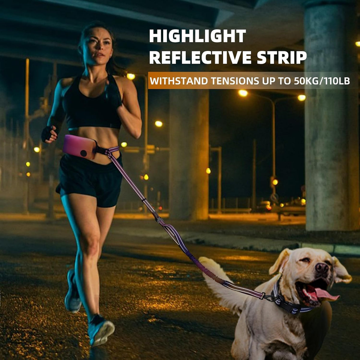 Hands Free Dog Leash with Zipper Pouch, 6-9Ft Bungee Waist Leash for Medium Large Dogs Walking, Running Lead with Dual Padded Handles Car Safety Buckle for Training Jogging