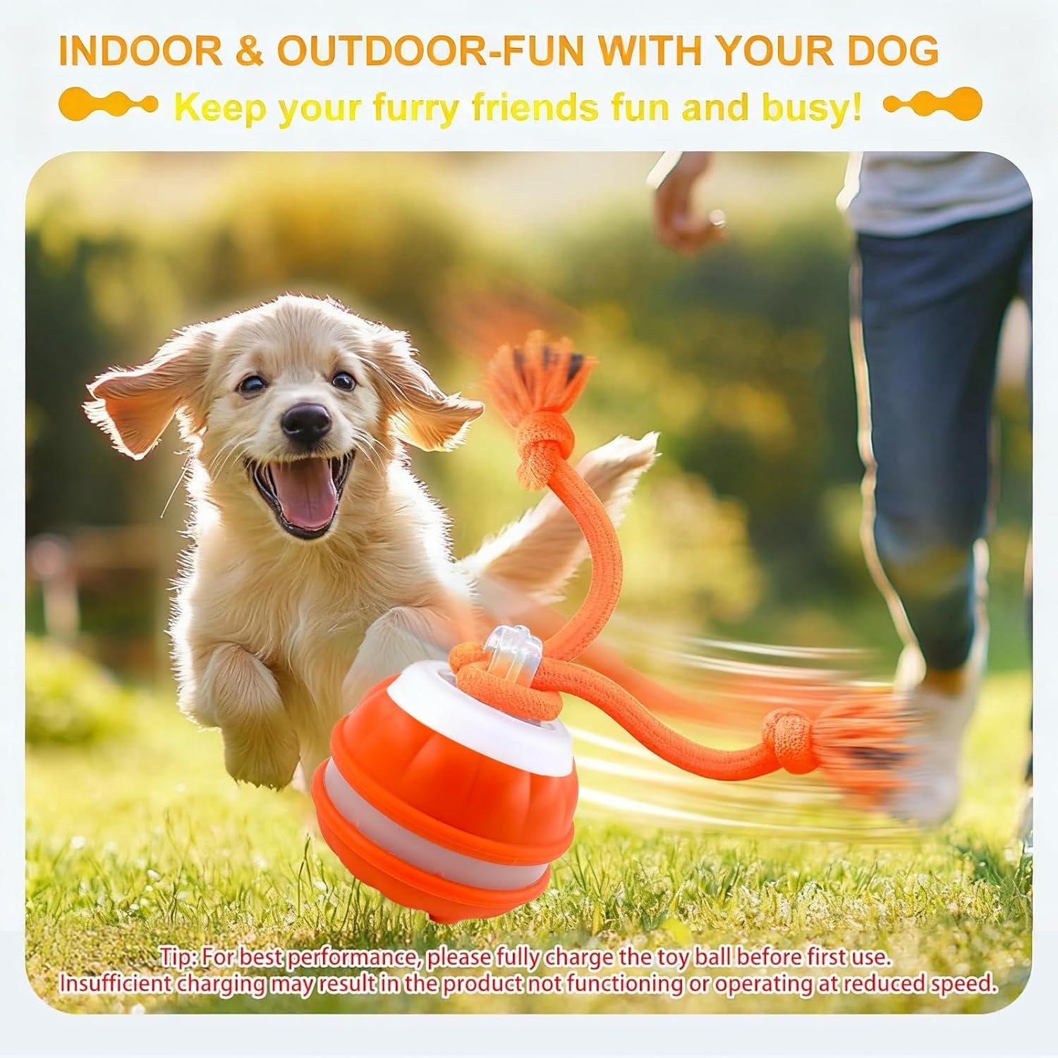 P06 Interactive Dog Toys Dog Balls, Electric Automatic Moving and Rolling Dog Toy with Rope for Small Medium Dogs, Fun Smart Puppy Toy S for Boredom & Training, Dog Toys to Keep Them Busy (Orange)
